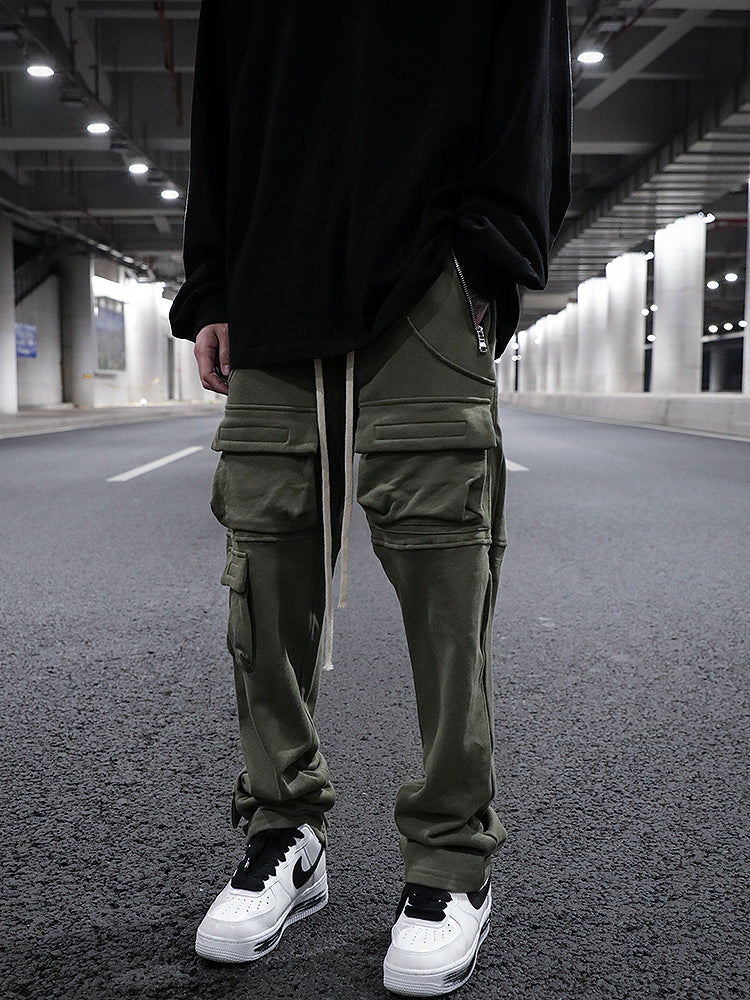Multi-pocket Straight Split Drawstring Sweatpants