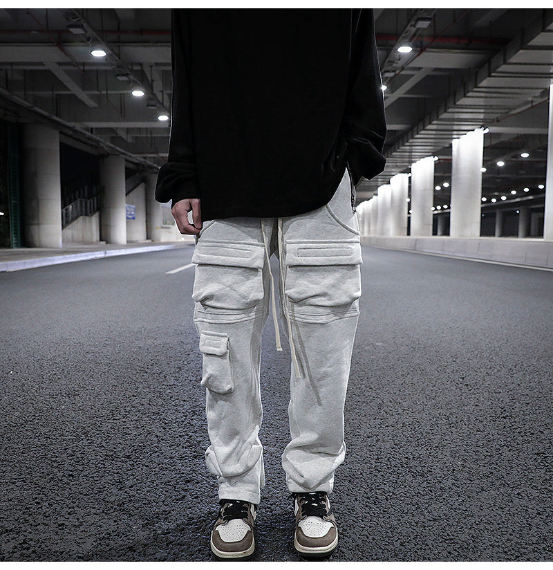 Multi-pocket Straight Split Drawstring Sweatpants