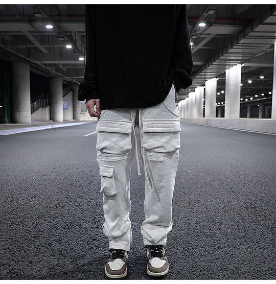 Multi-pocket Straight Split Drawstring Sweatpants