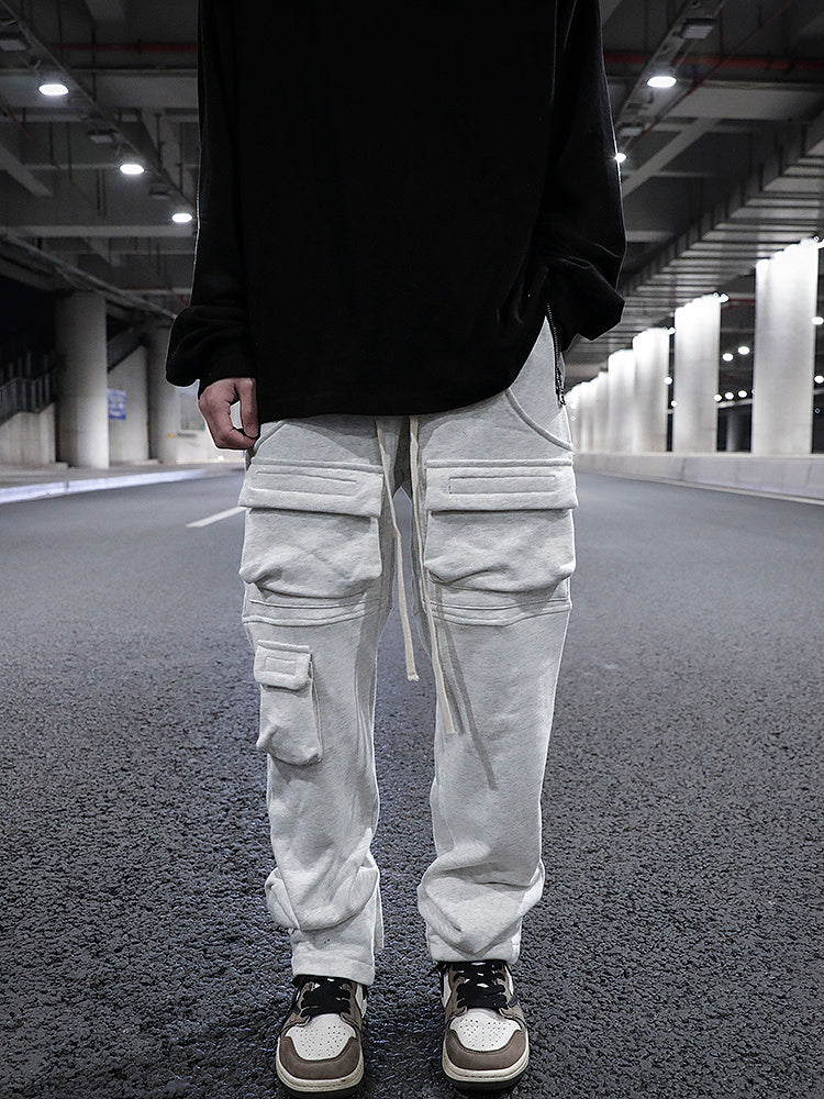 Multi-pocket Straight Split Drawstring Sweatpants