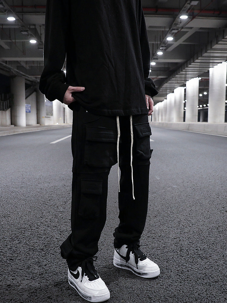 Multi-pocket Straight Split Drawstring Sweatpants