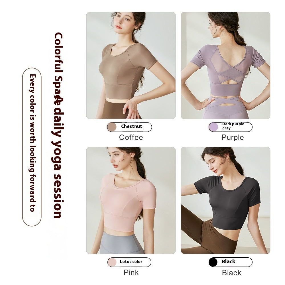 Yoga Clothes Women's Mesh Cross Back Short Sleeve Workout Top
