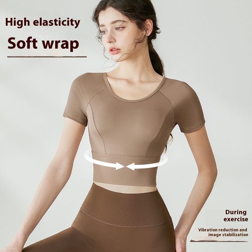 Yoga Clothes Women's Mesh Cross Back Short Sleeve Workout Top