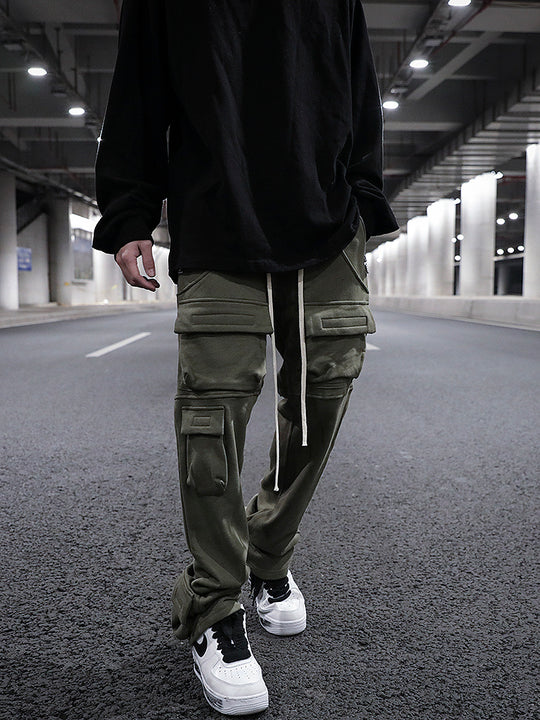 Multi-pocket Straight Split Drawstring Sweatpants