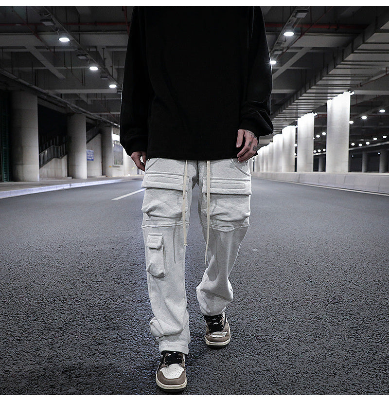 Multi-pocket Straight Split Drawstring Sweatpants