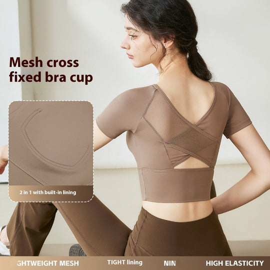 Yoga Clothes Women's Mesh Cross Back Short Sleeve Workout Top